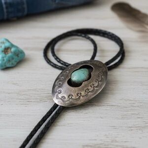 Native American Silver Turquoise Shadowbox Bolo Tie Stamped C.B Tom
